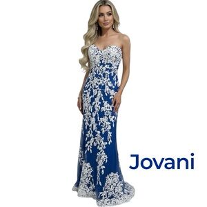 NWT Jovani JVN06660 Cobalt Blue Floral Lace Prom Gown • Strappy Back Slit Sz 6
